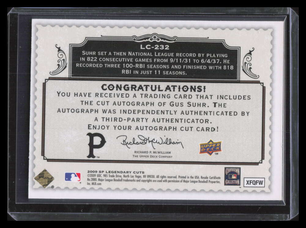 2009 SP Legendary Cuts Legendary Cut Signatures lc232 Gus Suhr Cut Auto 31/55