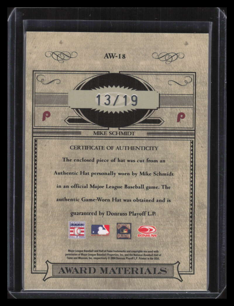 2004 Timeless Treasures Award Materials 18 Mike Schmidt 86 MVP Hat Cap 13/19