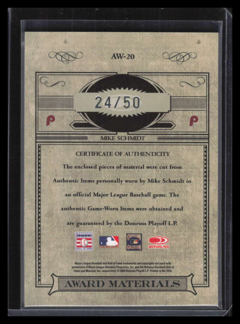 2004 Timeless Treasures Award Materials Mike Schmidt Dual Hat Cap Stirrups 24/50