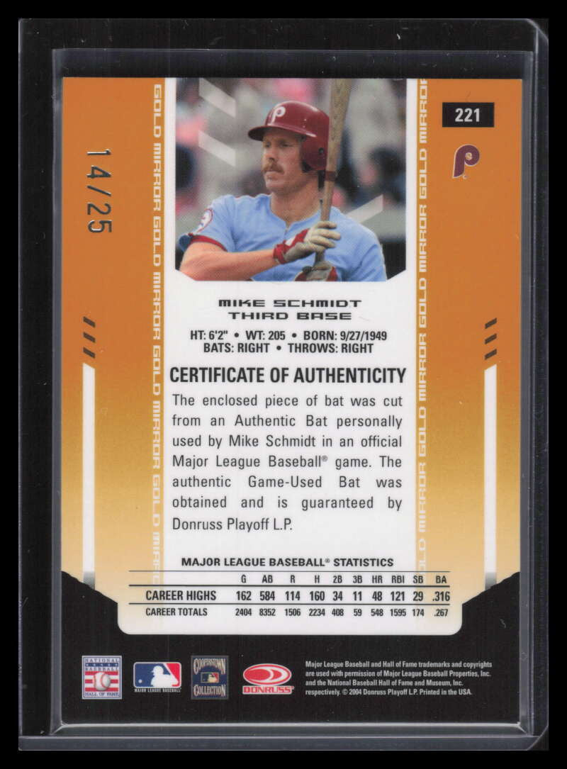 SOLD 131143 2004 Leaf Certified Materials Mirror Bat Gold 221 Mike Schmidt Bat 14/25