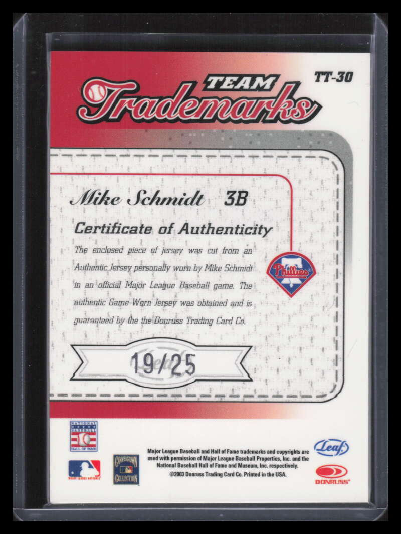 2003 Leaf Limited Team Trademarks Threads Prime 30 Mike Schmidt Patch 19/25
