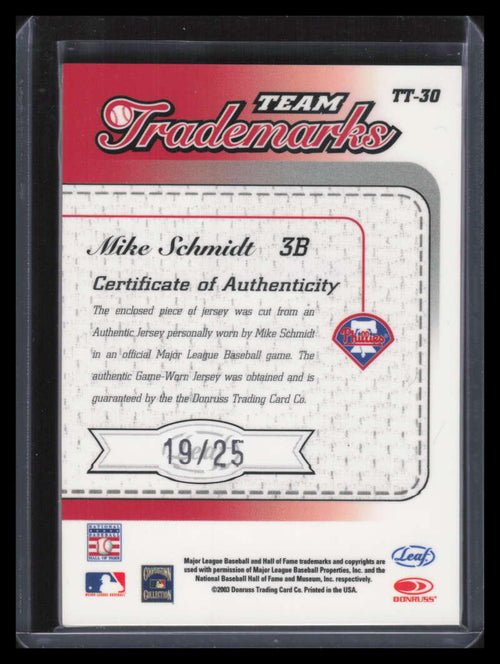2003 Leaf Limited Team Trademarks Threads Prime 30 Mike Schmidt Patch 19/25