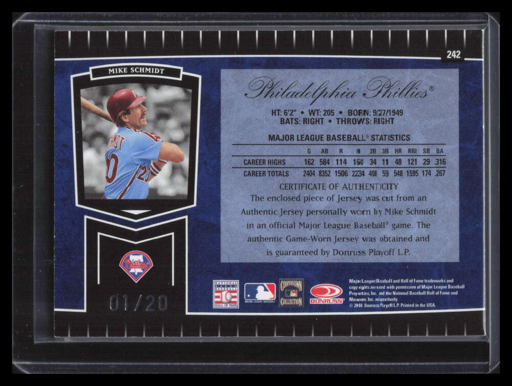 2004 Leaf Certified Cuts Marble Blue Number 242 Mike Schmidt Jersey 1/20