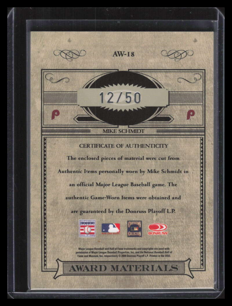 2004 Timeless Treasures Award Materials Mike Schmidt Shoe Cleat Hat Cap 12/50