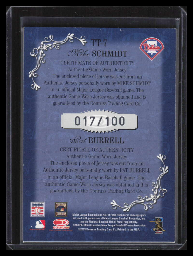 2003 Diamond Kings Team Timeline tt7 Pat Burrell Mike Schmidt Dual Jersey 17/100