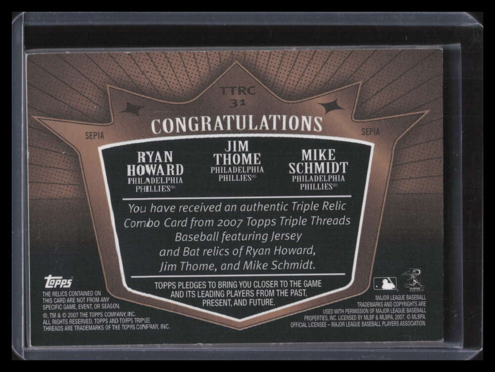 2007 Topps Triple Threads Relics Combos 31 Thome Howard Schmidt Bat Jersey 27/27