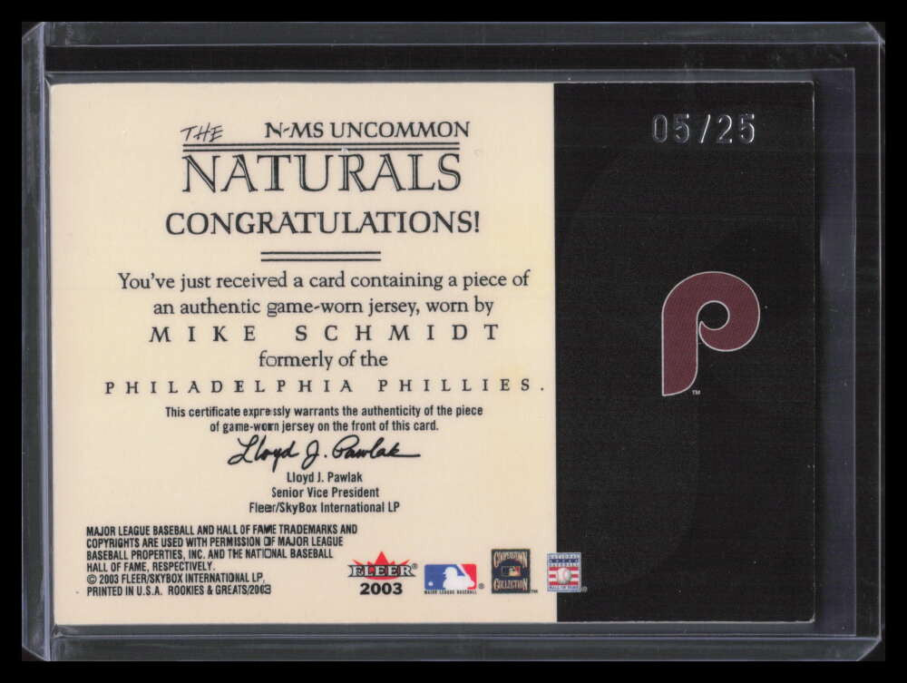 2003 Fleer Rookies and Greats Naturals Game Patch MS Mike Schmidt Jersey 5/25