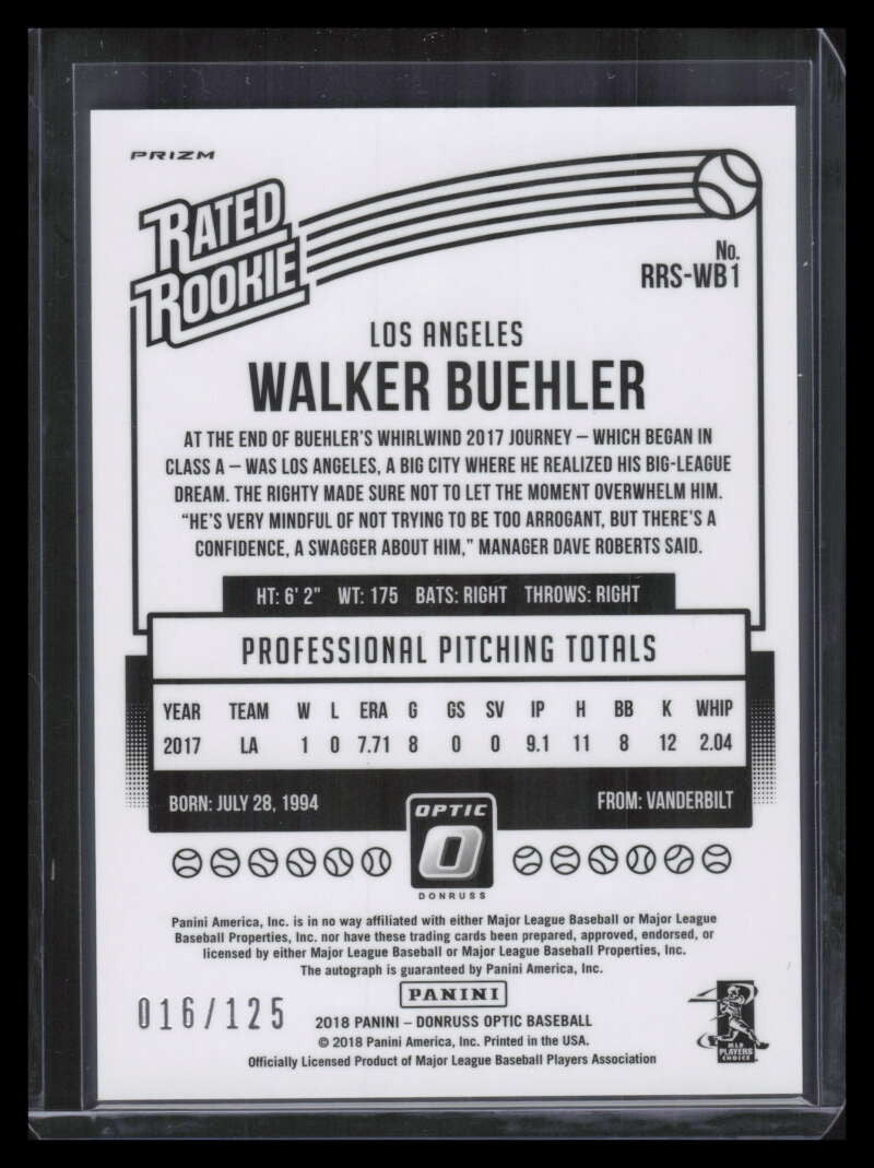 DELETE 131169 2018 Donruss Optic Rated Signatures Aqua Walker Buehler Rookie Auto 16/125