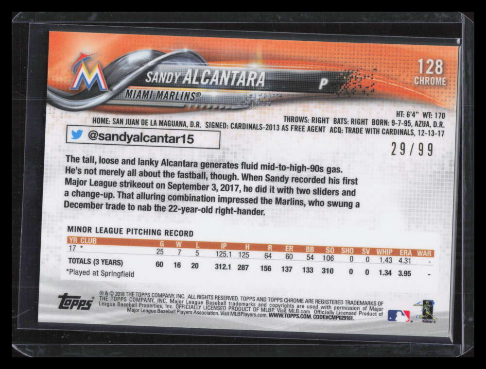 2018 Topps Chrome Green Wave Refractor 128 Sandy Alcantara Rookie 29/99