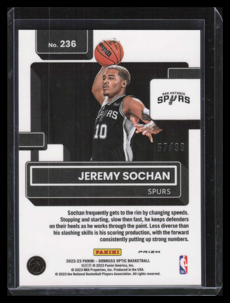 DELETE 131213 2022-23 Donruss Optic Red Refractor 236 Jeremy Sochan RR Rated Rookie 57/99