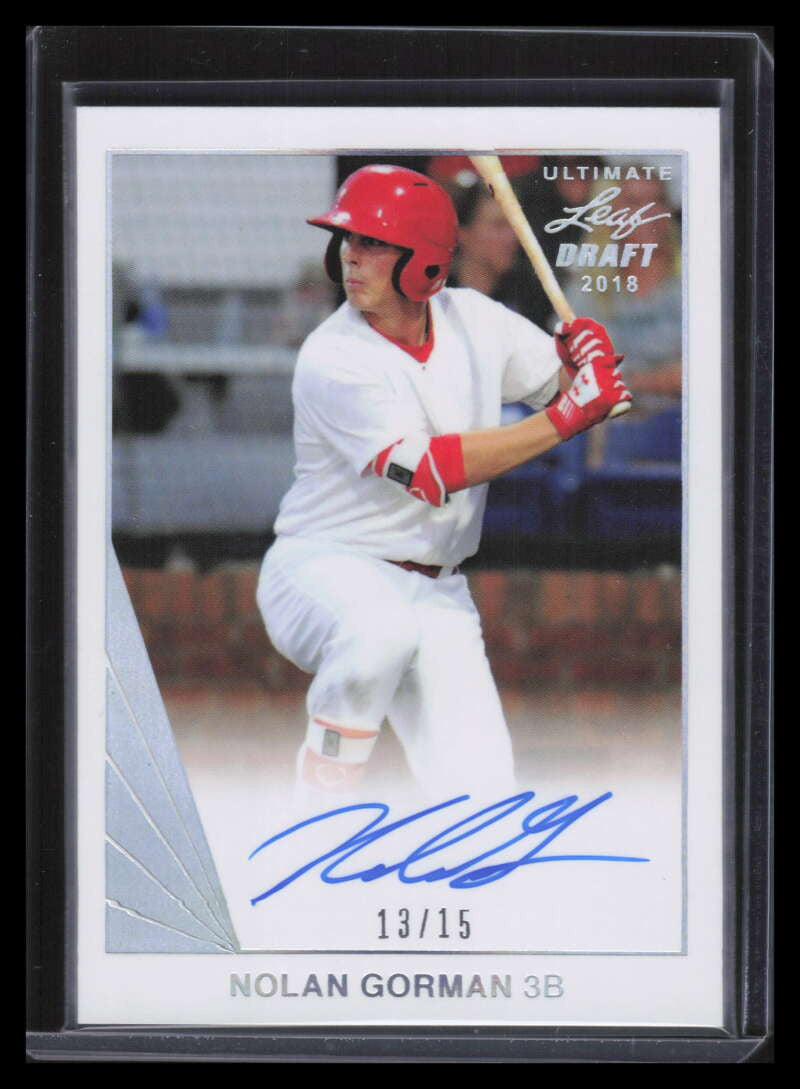 DELETE 131225 2018 Leaf Ultimate Draft Silver Prismatic bang1 Nolan Gorman Rookie Auto 13/15