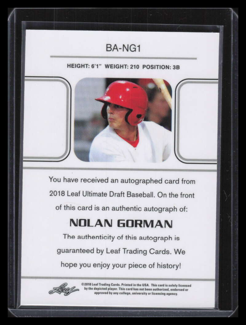 DELETE 131225 2018 Leaf Ultimate Draft Silver Prismatic bang1 Nolan Gorman Rookie Auto 13/15