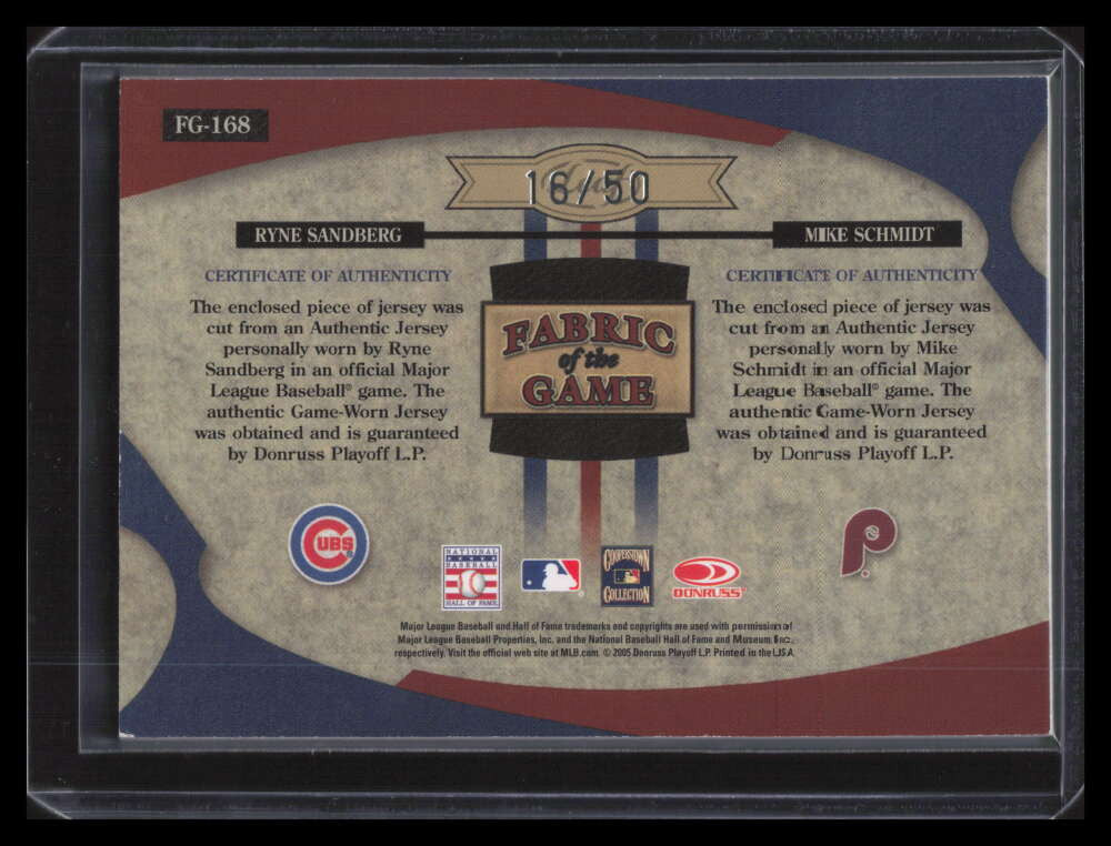 SOLD 131232 2005 Leaf Certified Fabric Game Reward Sandberg Mike Schmidt Dual Jersey 16/50