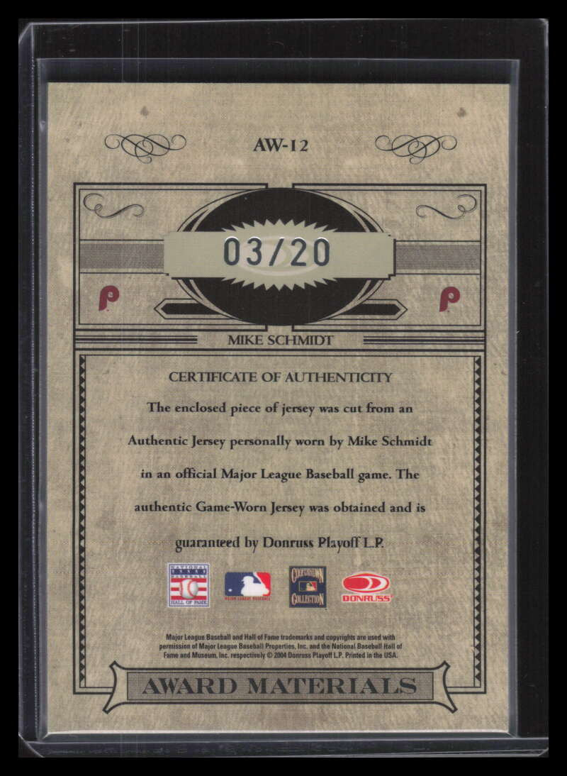 2004 Timeless Treasures Award Materials Number 12 Mike Schmidt Jersey 3/20