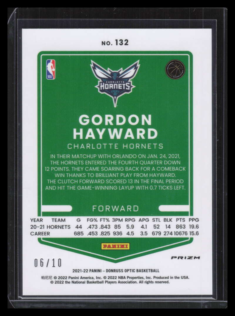 2021-22 Donruss Optic Gold Refractor 132 Gordon Hayward 6/10