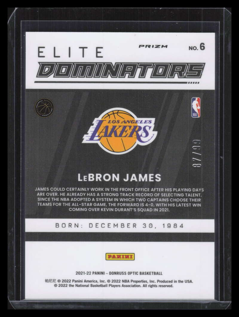 SOLD 131323 2021-22 Donruss Optic Elite Dominators Red Refractor 6 LeBron James 87/99