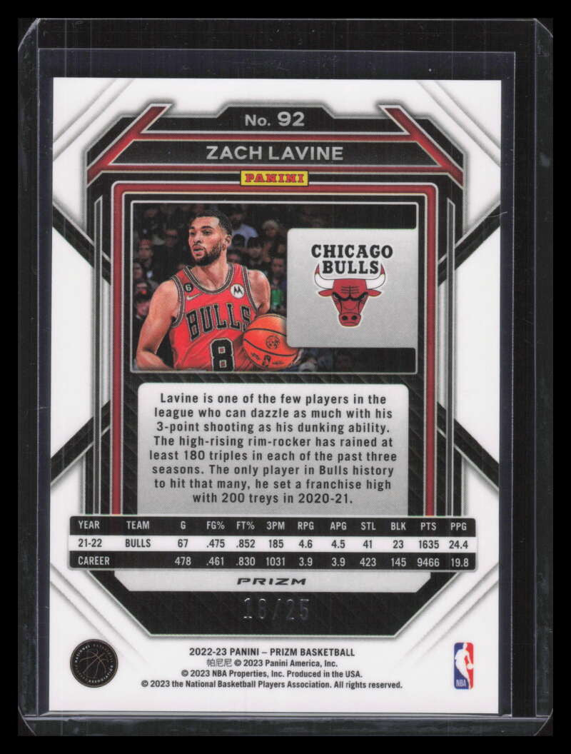 2022-23 Panini Prizm Prizms Mojo Refractor 92 Zach LaVine 18/25