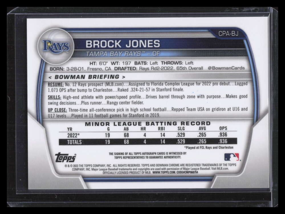 DELETE 131381 2023 Bowman Chrome Autographs Purple Refractor Brock Jones Rookie Auto 156/250