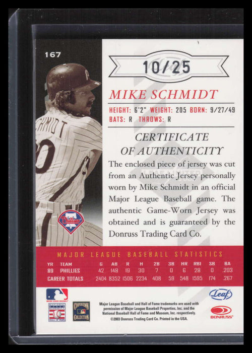 2003 Leaf Limited Threads Prime 167 Mike Schmidt Patch 10/25