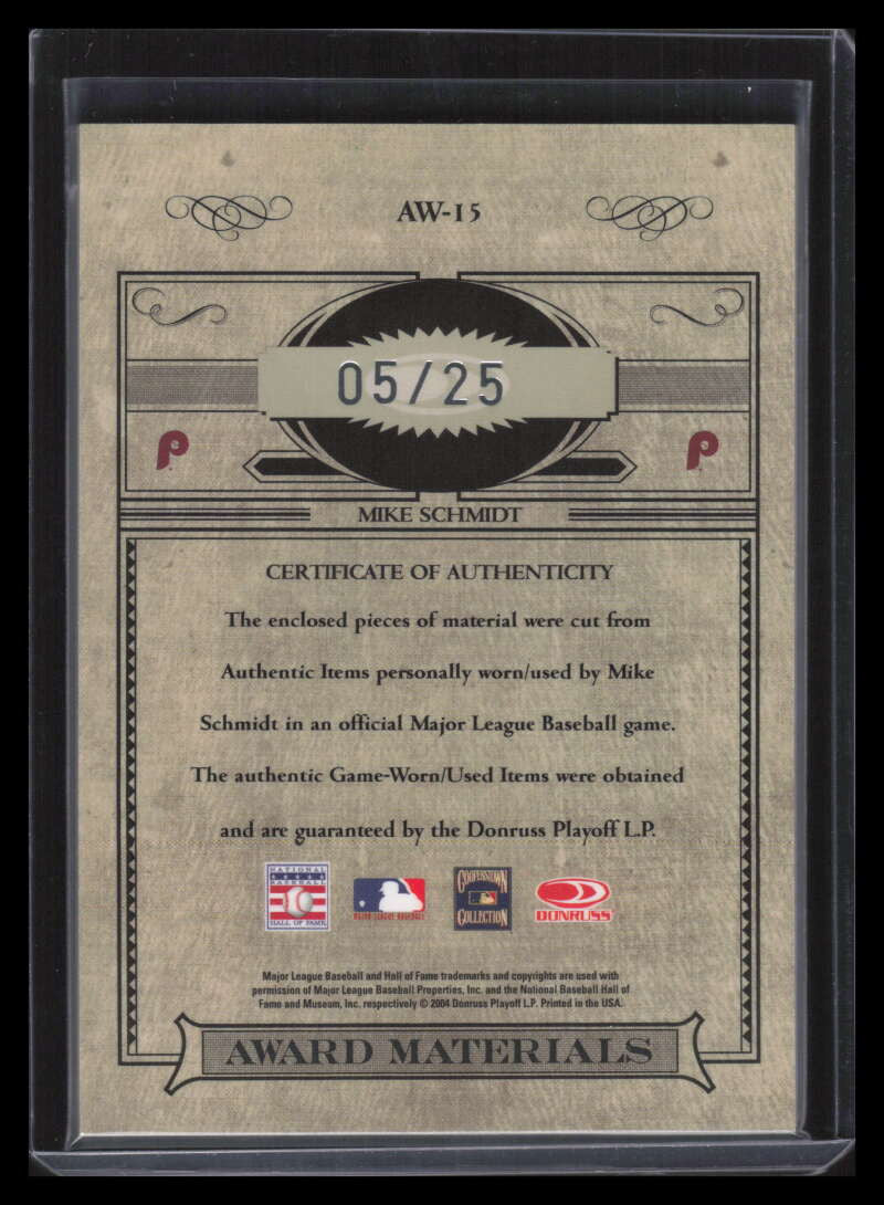 2004 Timeless Treasures Award Materials 15 Mike Schmidt Dual Bat Jersey 5/25