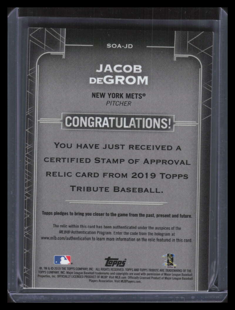 2019 Topps Tribute Stamp of Approval Relics Orange SOAJD Jacob deGrom Patch 1/25