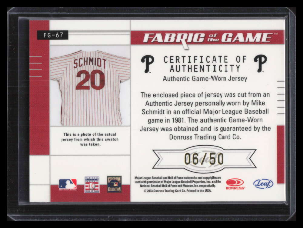 2003 Leaf Certified Materials Fabric of the Game 67ba Mike Schmidt Jersey 6/50