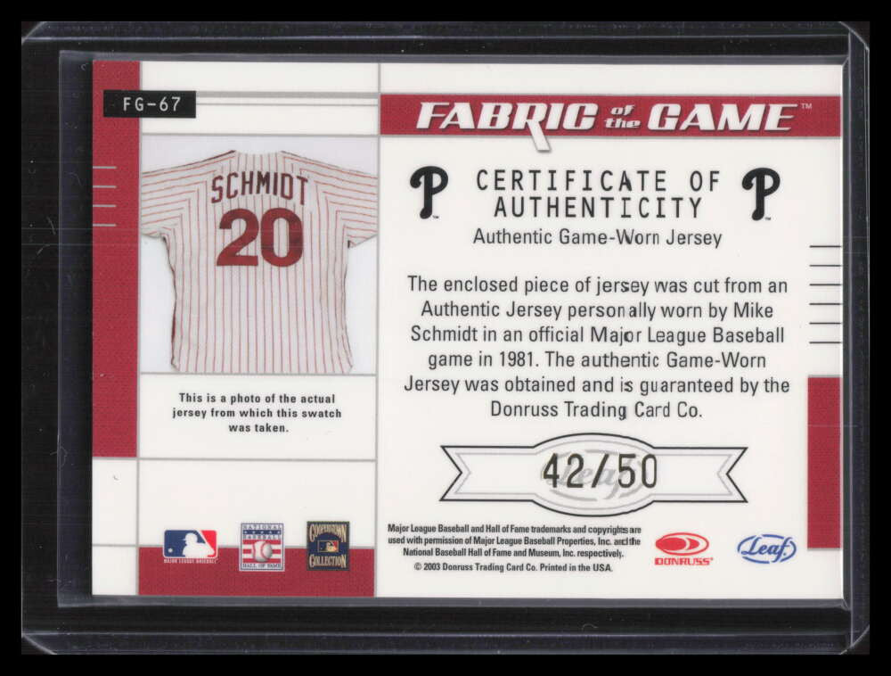 2003 Leaf Certified Materials Fabric of the Game 67ps Mike Schmidt Jersey 42/50