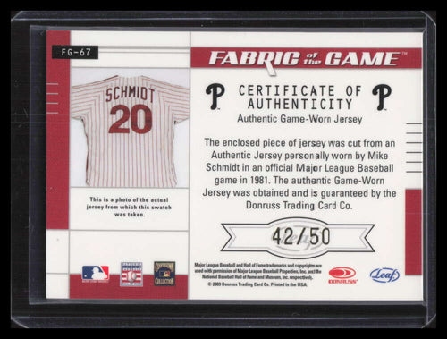 2003 Leaf Certified Materials Fabric of the Game 67ps Mike Schmidt Jersey 42/50