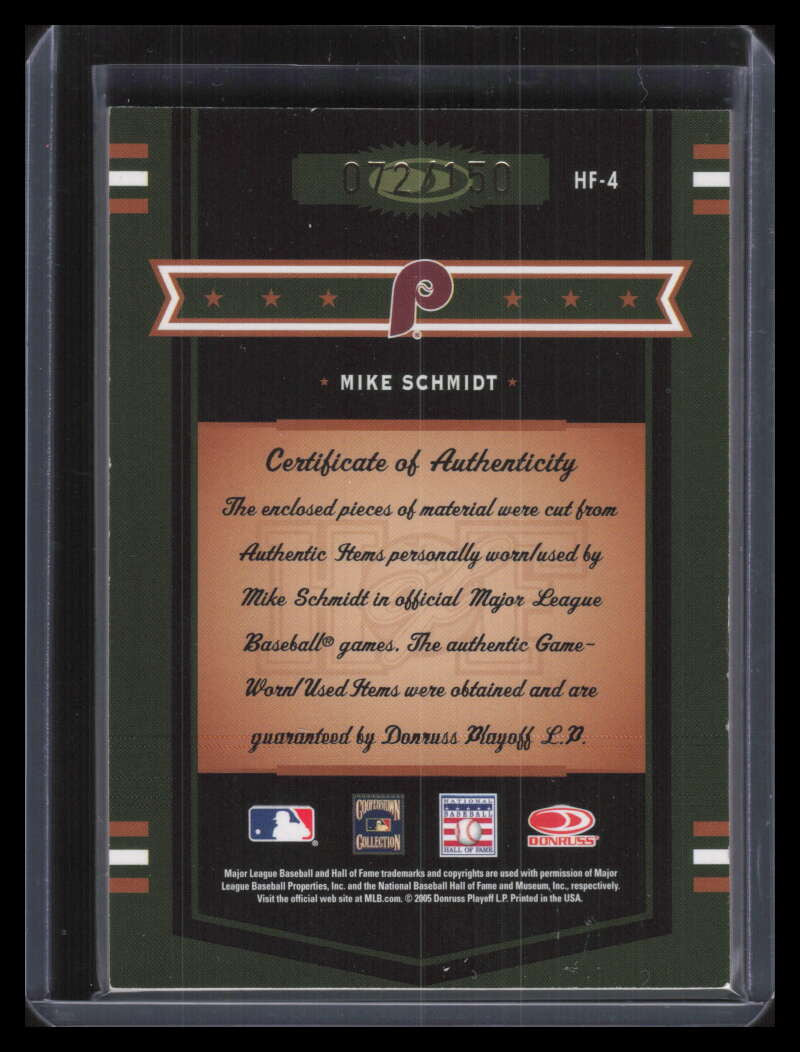 SOLD 131422 2005 Prime Patches Hall of Fame Materials Mike Schmidt Triple Hat Stirrup 72/150
