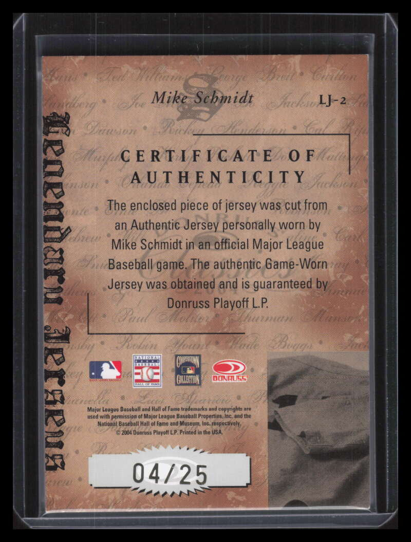 2004 Donruss Classics Legendary Jerseys Material Number Mike Schmidt Jersey 4/25