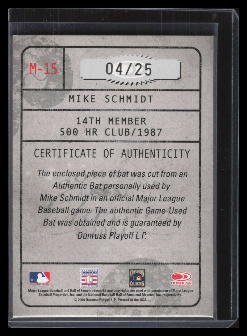2004 Donruss Classics Membership VIP Bat 15 Mike Schmidt Bat 4/25