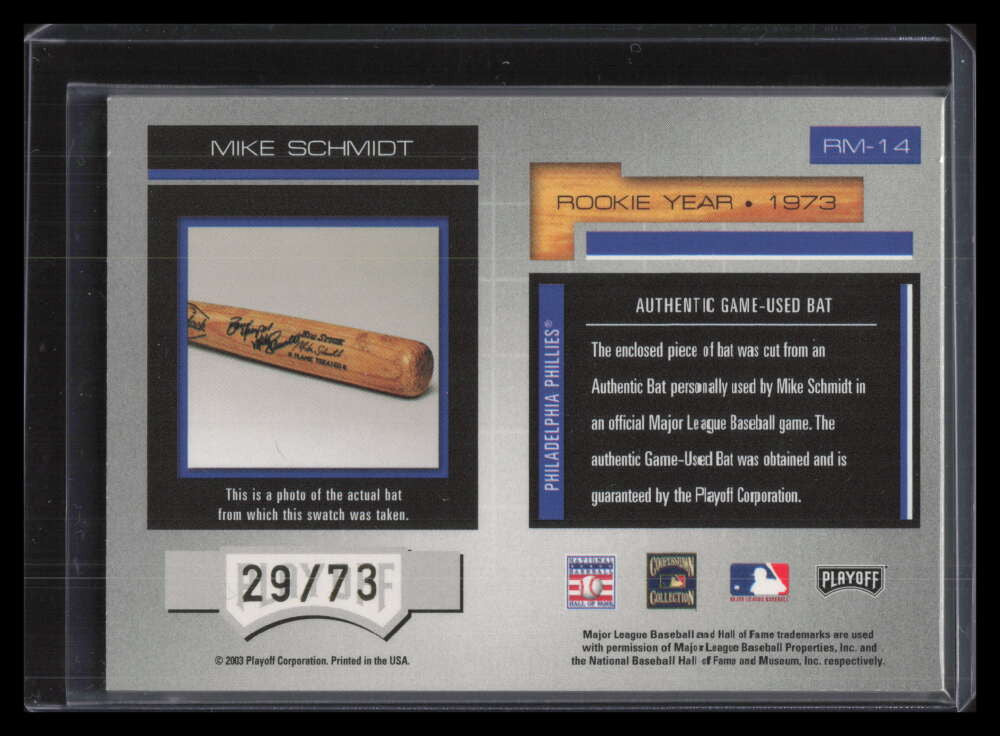 SOLD 131430 2003 Absolute Memorabilia Rookie Materials Season 14 Mike Schmidt Bat 29/73