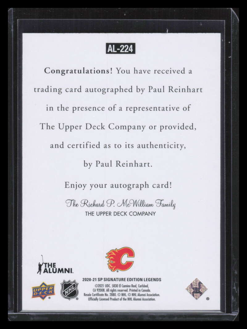 2020-21 SP Signature Legends '97 Legends Signatures al224 Paul Reinhart Auto