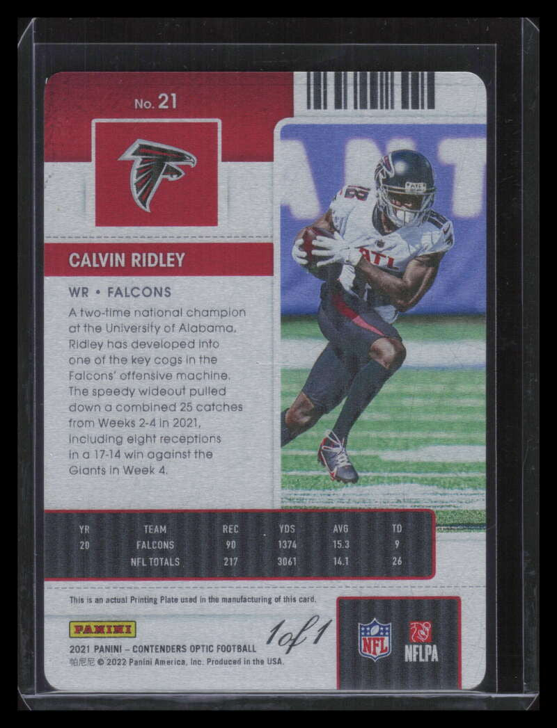 2021 Panini Contenders Optic Printing Plate Yellow 21 Calvin Ridley 1/1