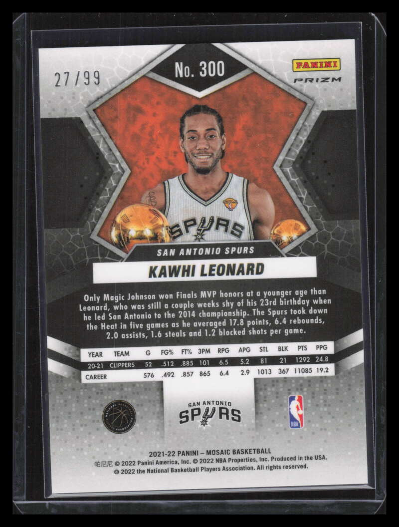 2021-22 Panini Mosaic Mosaic Blue Refractor 300 Kawhi Leonard MVP 27/99