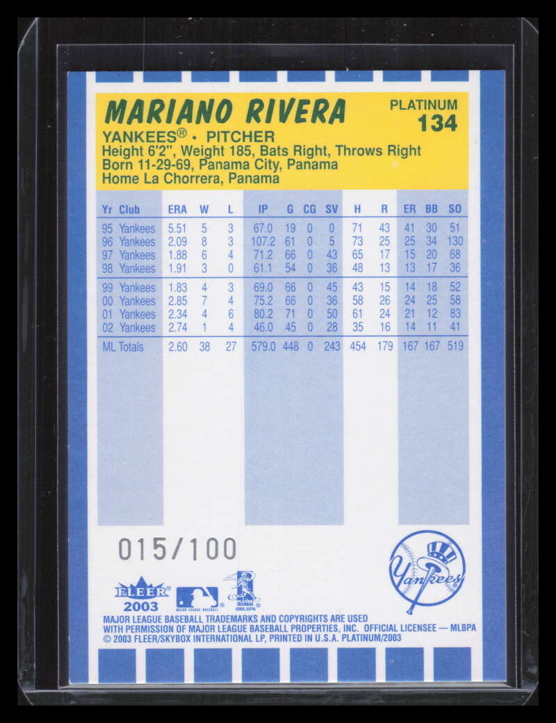 SOLD 131574 2003 Fleer Platinum Finish 134 Mariano Rivera 15/100