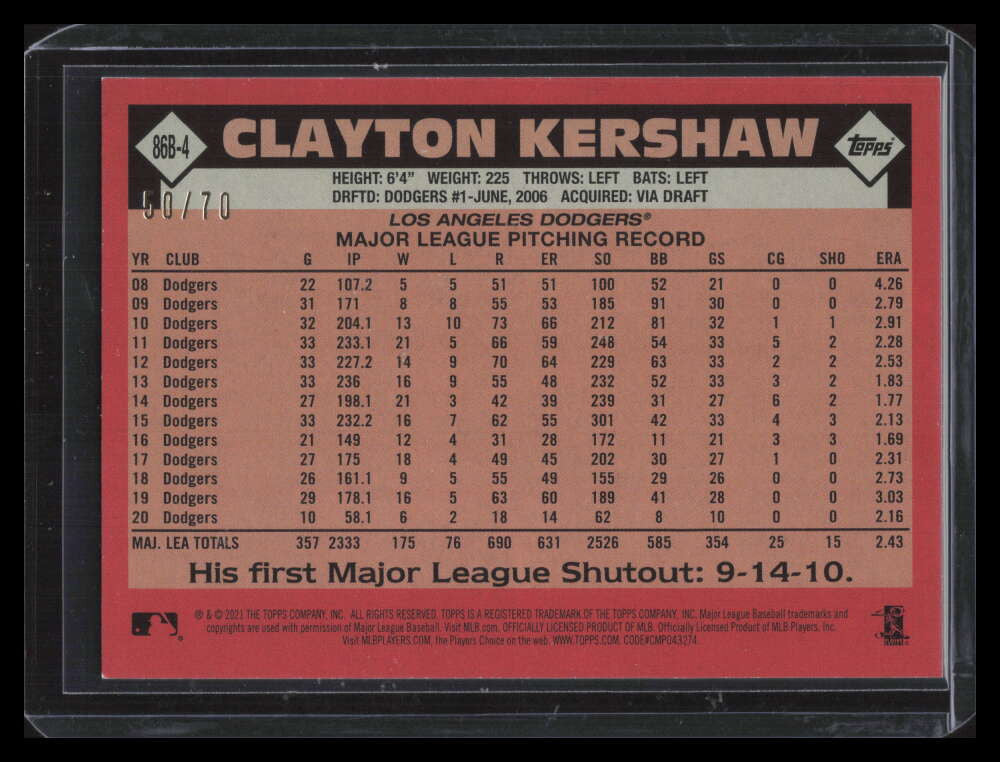 SOLD 131581 2021 Topps '86 Topps Platinum Anniversary 86b4 Clayton Kershaw 50/70