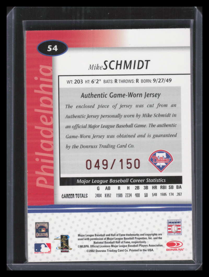 2002 Leaf Certified Mirror Red 54 Mike Schmidt Jersey 49/150
