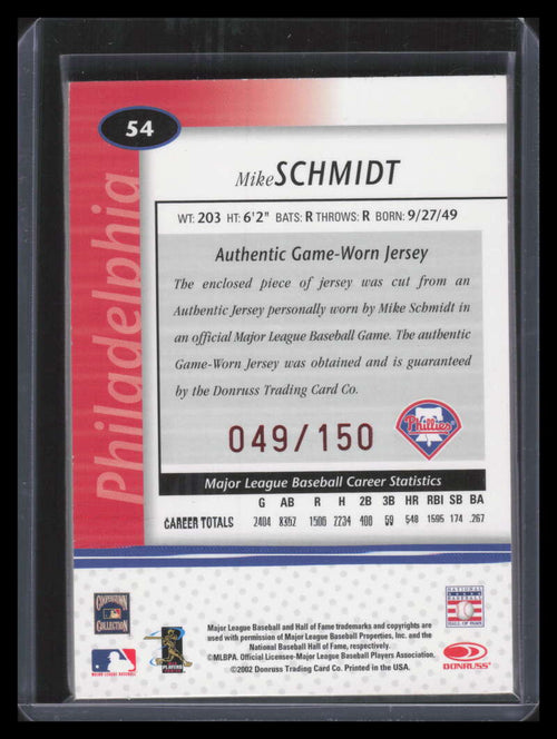 2002 Leaf Certified Mirror Red 54 Mike Schmidt Jersey 49/150