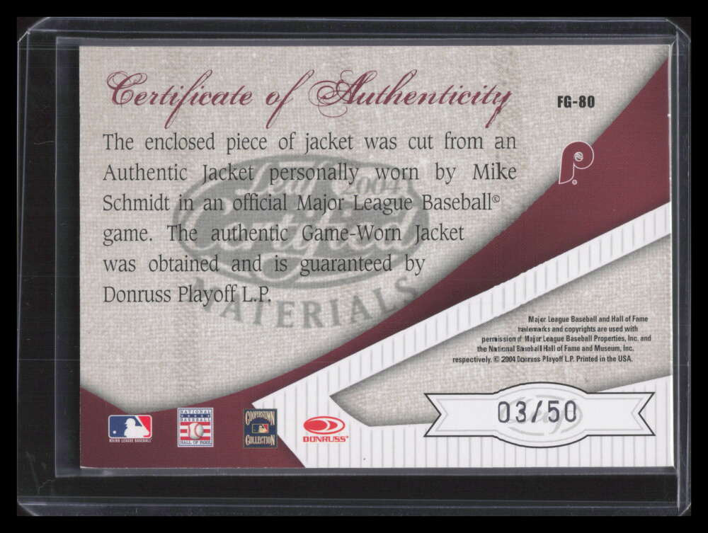 2004 Leaf Certified Materials Fabric of Game Reward 80 Mike Schmidt Jacket 3/50