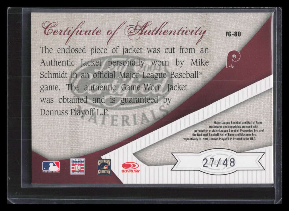2004 Leaf Certified Materials Fabric of Game Stats 80 Mike Schmidt Jacket 27/48