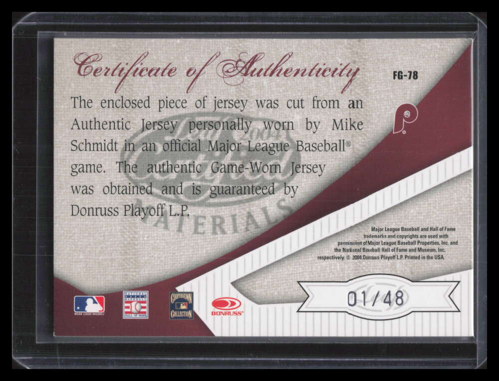 2004 Leaf Certified Materials Fabric of Game Stats 78 Mike Schmidt Jersey 1/48