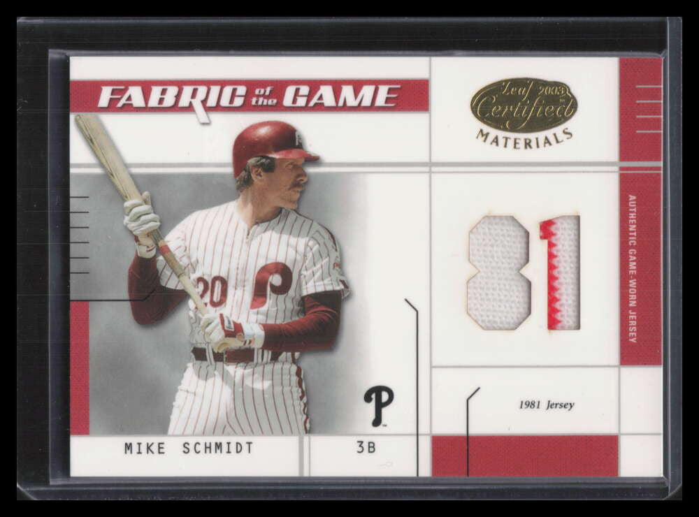 SOLD 131624 2003 Leaf Certified Materials Fabric of the Game 67jy Mike Schmidt Jersey 34/81