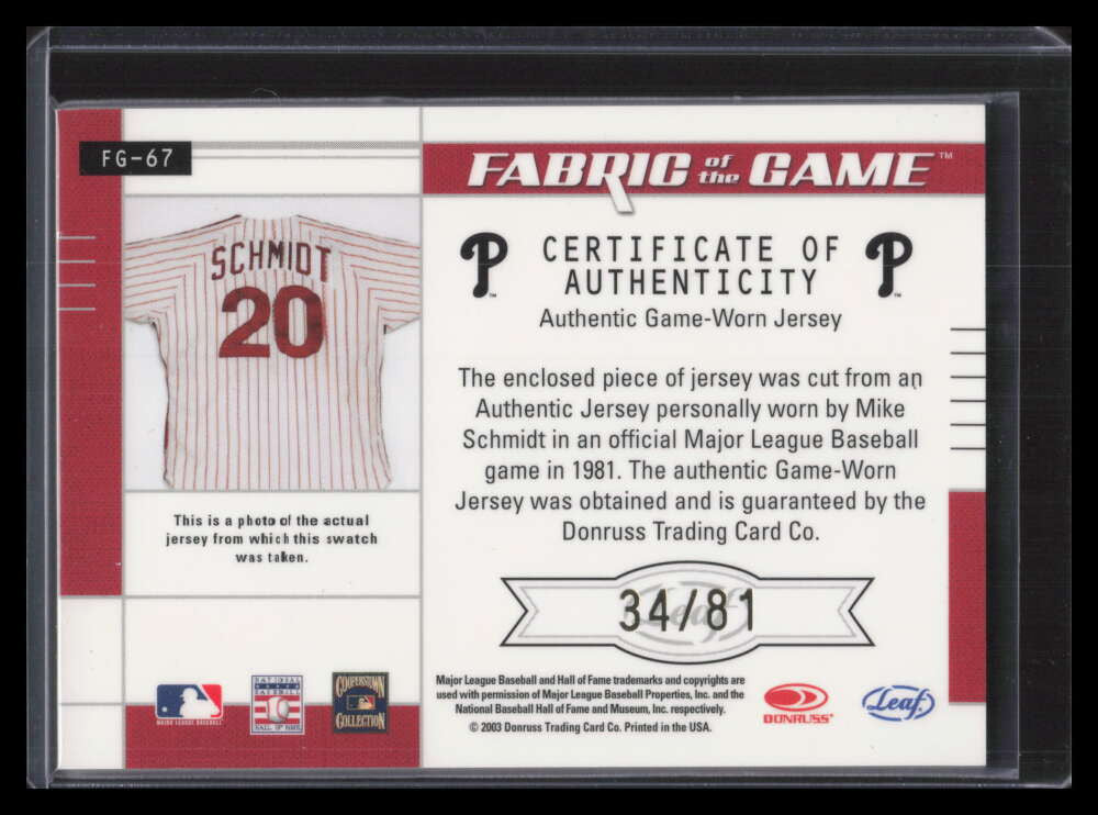 SOLD 131624 2003 Leaf Certified Materials Fabric of the Game 67jy Mike Schmidt Jersey 34/81