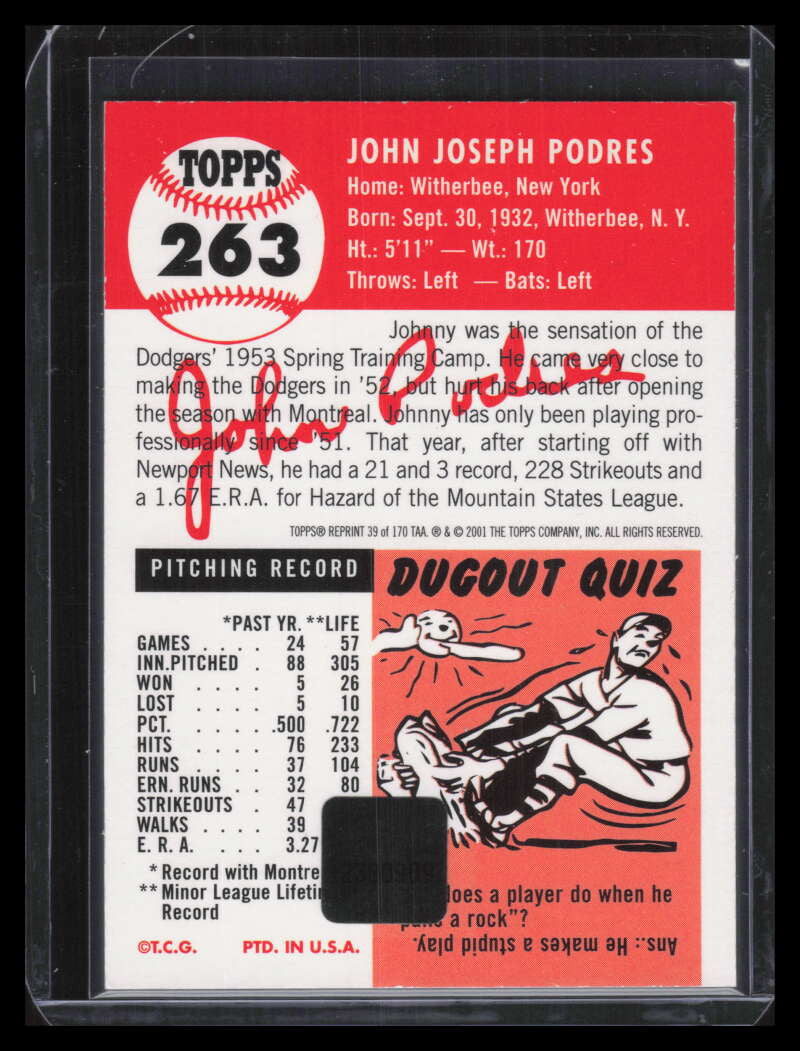 2001 Topps Archives Autographs taa39 Johnny Podres Auto