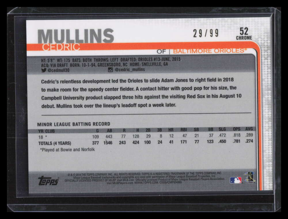 2019 Topps Chrome Green Wave Refractor 52 Cedric Mullins Rookie 29/99