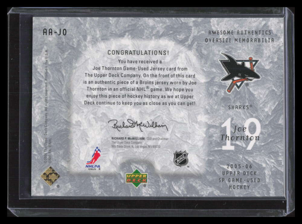 2005-06 SP Game Used Awesome Authentics AAJO Joe Thornton Jumbo Jersey 37/100
