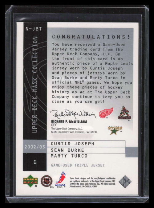 2002-03 UD Mask Collection Nation's Best Turco Burke Curtis Joseph Triple Jersey