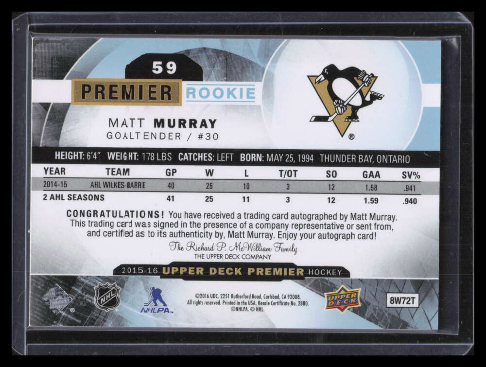 DELETE 131707 2015-16 Upper Deck Premier 59 Matt Murray Rookie Auto 50/399