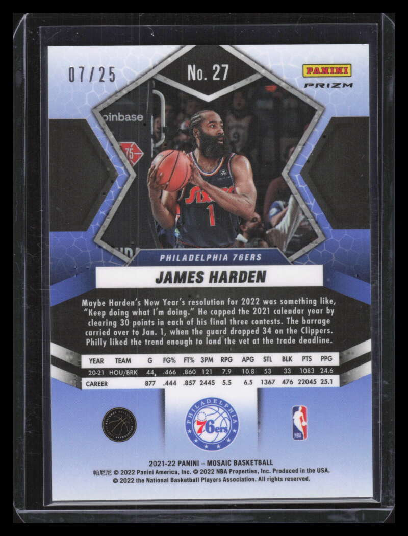 2021-22 Panini Mosaic Mosaic White Refractor 27 James Harden 7/25